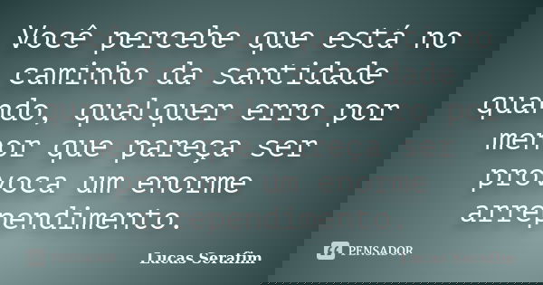 Você percebe que está no caminho da santidade quando, qualquer erro por menor que pareça ser provoca um enorme arrependimento.... Frase de Lucas Serafim.