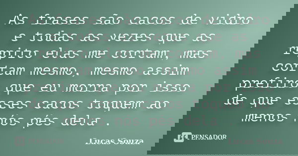 As frases são cacos de vidro e todas as vezes que as repito elas me cortam, mas cortam mesmo, mesmo assim prefiro que eu morra por isso de que esses cacos toque... Frase de Lucas Souza.