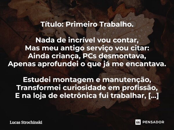 ⁠Título: Primeiro Trabalho. Nada de incrível vou contar, Mas meu antigo serviço vou citar: Ainda criança, PCs desmontava, Apenas aprofundei o que já me encantav... Frase de Lucas Strochinski.