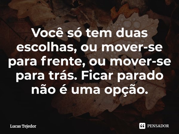 ⁠Você só tem duas escolhas, ou mover-se para frente, ou mover-se para trás. Ficar parado não é uma opção.... Frase de Lucas Tejedor.