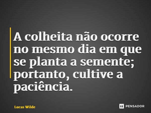 ⁠A colheita não ocorre no mesmo dia em que se planta a semente; portanto, cultive a paciência.... Frase de Lucas Wilde.