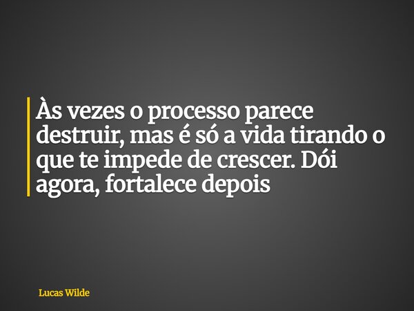 Às vezes o processo parece destruir, mas é só a vida tirando o que te impede de crescer. Dói agora, fortalece depois... Frase de Lucas Wilde.