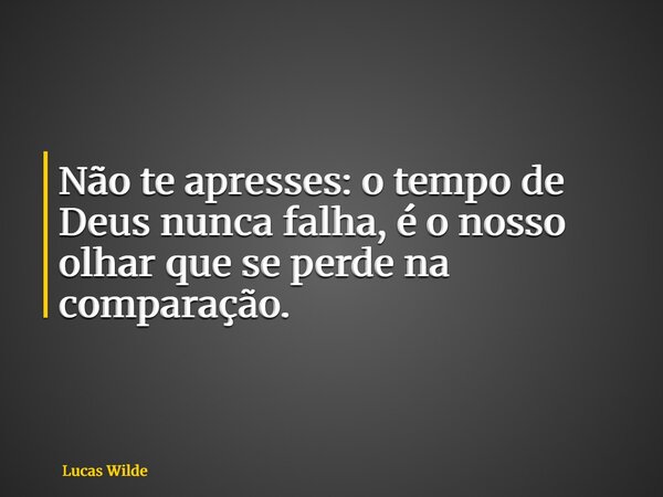 Não te apresses: o tempo de Deus nunca falha, é o nosso olhar que se perde na comparação.... Frase de Lucas Wilde.