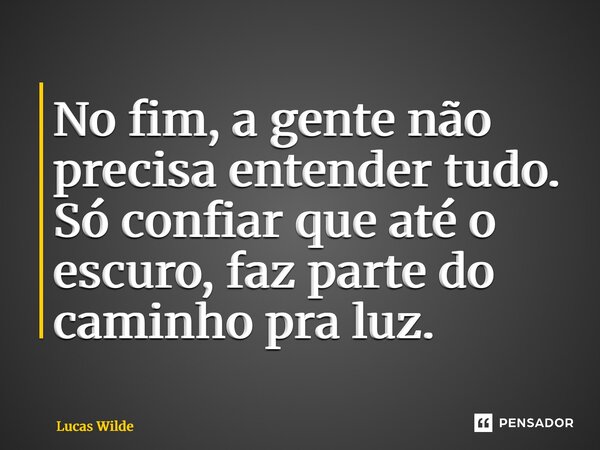 ⁠No fim, a gente não precisa entender tudo. Só confiar que até o escuro, faz parte do caminho pra luz.... Frase de Lucas Wilde.
