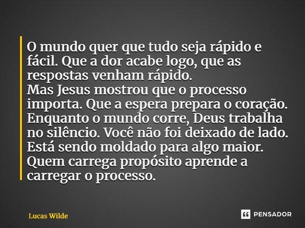⁠O mundo quer que tudo seja rápido e fácil. Que a dor acabe logo, que as respostas venham rápido. Mas Jesus mostrou que o processo importa. Que a espera prepara... Frase de Lucas Wilde.