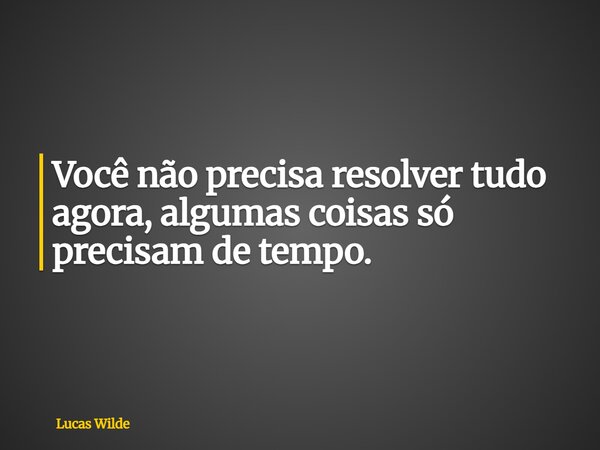 Você não precisa resolver tudo agora, algumas coisas só precisam de tempo.... Frase de Lucas Wilde.