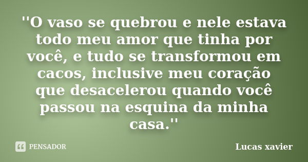 ''O vaso se quebrou e nele estava todo meu amor que tinha por você, e tudo se transformou em cacos, inclusive meu coração que desacelerou quando você passou na ... Frase de Lucas Xavier.