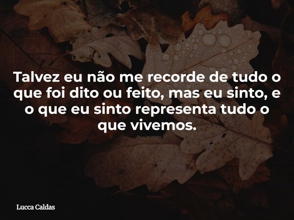 ⁠Talvez eu não me recorde de tudo o que foi dito ou feito, mas eu sinto, e o que eu sinto representa tudo o que vivemos.... Frase de Lucca Caldas.