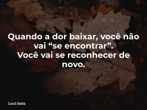 Quando a dor baixar, você não vai “se encontrar”. Você vai se reconhecer de novo.... Frase de Lucci Santz.