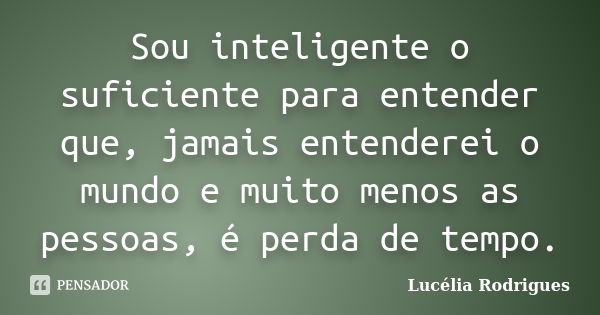 Sou inteligente o suficiente para entender que, jamais entenderei o mundo e muito menos as pessoas, é perda de tempo.... Frase de Lucélia Rodrigues.