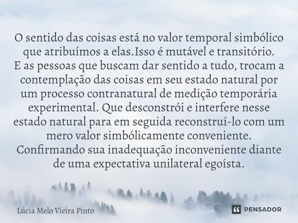 O sentido das coisas está no valor temporal simbólico que atribuímos a elas.Isso é mutável e transitório. E as pessoas que buscam dar sentido a tudo, trocam a... Frase de Lúcia Melo Vieira Pinto.