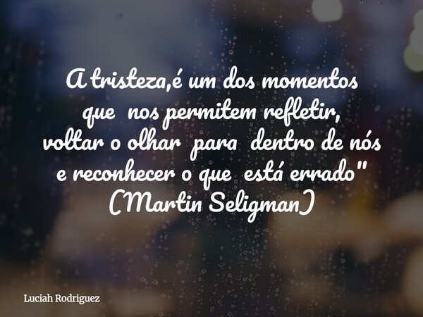 A tristeza,é um dos momentos que nos permitem refletir, voltar o olhar para dentro de nós e reconhecer o que está errado " (Martin Seligman)... Frase de Luciah Rodriguez.