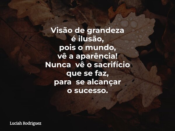 Visão de grandeza é ilusão, pois o mundo, vê a aparência! Nunca vê o sacrifício que se faz, para se alcançar o sucesso.⁠... Frase de Luciah Rodriguez.