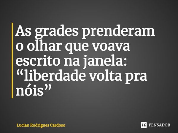 As grades prenderam
o olhar que voava
escrito na janela:
“liberdade volta pra nóis”... Frase de Lucian Rodrigues Cardoso.