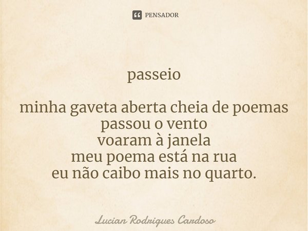 ⁠passeio minha gaveta aberta cheia de poemas
passou o vento
voaram à janela
meu poema está na rua
eu não caibo mais no quarto.... Frase de Lucian Rodrigues Cardoso.