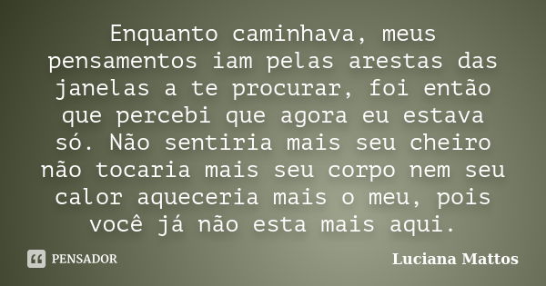 Enquanto caminhava, meus pensamentos iam pelas arestas das janelas a te procurar, foi então que percebi que agora eu estava só. Não sentiria mais seu cheiro não... Frase de Luciana Mattos.