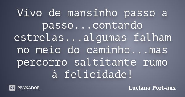 Vivo de mansinho passo a passo...contando estrelas...algumas falham no meio do caminho...mas percorro saltitante rumo à felicidade!... Frase de Luciana Port-aux.