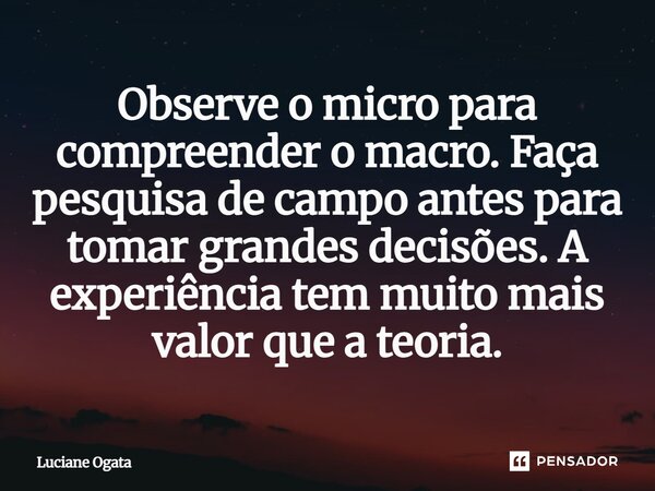 ⁠Observe o micro para compreender o macro. Faça pesquisa de campo antes para tomar grandes decisões. A experiência tem muito mais valor que a teoria.... Frase de Luciane Ogata.
