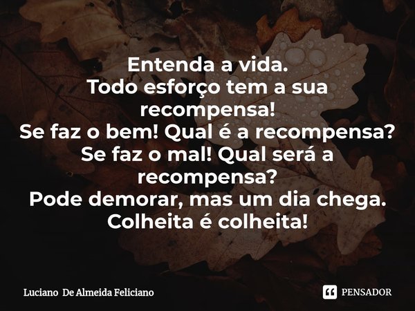 ⁠Entenda a vida.
Todo esforço tem a sua recompensa!
Se faz o bem! Qual é a recompensa?
Se faz o mal! Qual será a recompensa?
Pode demorar, mas um dia chega. Col... Frase de Luciano De Almeida Feliciano.