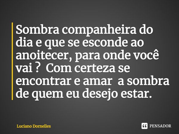 ⁠Sombra companheira do dia e que se esconde ao anoitecer, para onde você vai ? Com certeza se encontrar e amar a sombra de quem eu desejo estar.... Frase de Luciano Dornelles.