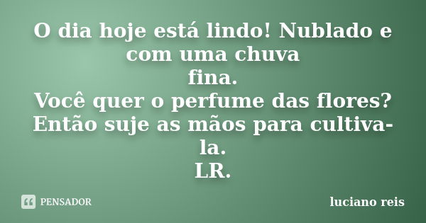 O dia hoje está lindo! Nublado e com uma chuva fina. Você quer o perfume das flores? Então suje as mãos para cultiva-la. LR.... Frase de Luciano reis.