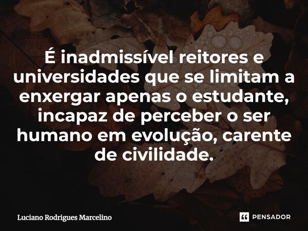 ⁠É inadmissível reitores e universidades que se limitam a enxergar apenas o estudante, incapaz de perceber o ser humano em evolução, carente de civilidade.... Frase de Luciano Rodrigues Marcelino.