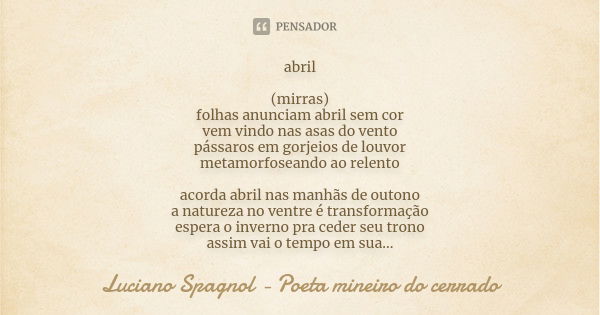 abril (mirras) folhas anunciam abril sem cor vem vindo nas asas do vento pássaros em gorjeios de louvor metamorfoseando ao relento acorda abril nas manhãs de ou... Frase de Luciano Spagnol - poeta mineiro do cerrado.