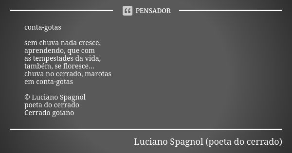 conta-gotas sem chuva nada cresce, aprendendo, que com as tempestades da vida, também, se floresce... chuva no cerrado, marotas em conta-gotas © Luciano Spagnol... Frase de Luciano Spagnol - poeta do cerrado.