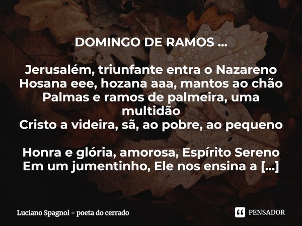 ⁠DOMINGO DE RAMOS ... Jerusalém, triunfante entra o Nazareno
Hosana eee, hozana aaa, mantos ao chão
Palmas e ramos de palmeira, uma multidão
Cristo a videira, s... Frase de Luciano Spagnol - poeta do cerrado.