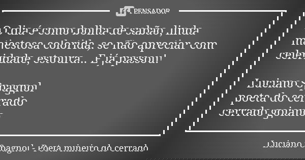 O dia é como bolha de sabão, linda majestosa colorida, se não apreciar com celeridade, estoura... E já passou! Luciano Spagnol poeta do cerrado cerrado goiano... Frase de Luciano Spagnol - poeta mineiro do cerrado.