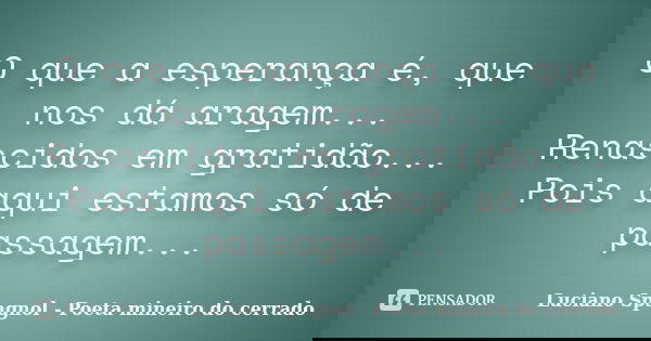 O que a esperança é, que nos dá aragem... Renascidos em gratidão... Pois aqui estamos só de passagem...... Frase de Luciano Spagnol - Poeta mineiro do cerrado.
