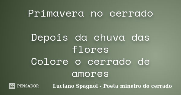 Primavera no cerrado Depois da chuva das flores Colore o cerrado de amores... Frase de Luciano Spagnol - Poeta mineiro do cerrado.