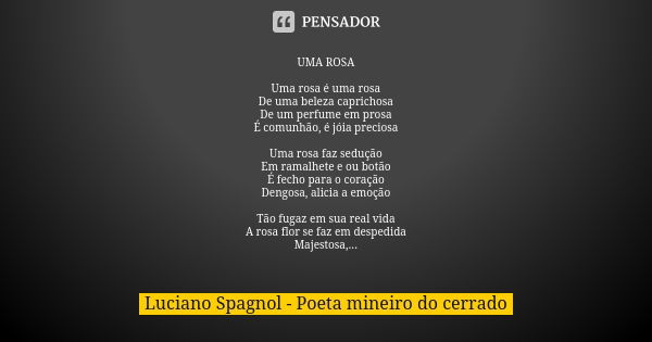 UMA ROSA Uma rosa é uma rosa De uma beleza caprichosa De um perfume em prosa É comunhão, é jóia preciosa Uma rosa faz sedução Em ramalhete e ou botão É fecho pa... Frase de Luciano Spagnol - poeta mineiro do cerrado.