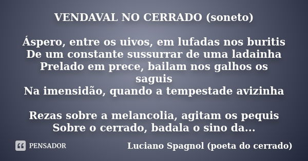 VENDAVAL NO CERRADO (soneto) Áspero, entre os uivos, em lufadas nos buritis De um constante sussurrar de uma ladainha Prelado em prece, bailam nos galhos os sag... Frase de Luciano Spagnol - poeta do cerrado.