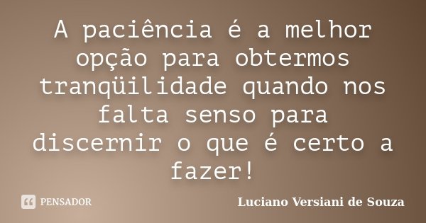 A paciência é a melhor opção para obtermos tranqüilidade quando nos falta senso para discernir o que é certo a fazer!... Frase de Luciano Versiani de Souza.
