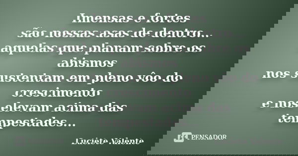 Imensas e fortes são nossas asas de dentro... aquelas que planam sobre os abismos nos sustentam em pleno vôo do crescimento e nos elevam acima das tempestades..... Frase de Luciete Valente.