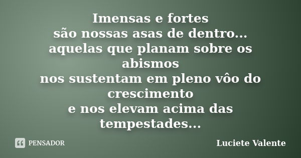 Imensas e fortes são nossas asas de dentro... aquelas que planam sobre os abismos nos sustentam em pleno vôo do crescimento e nos elevam acima das tempestades..... Frase de Luciete Valente.