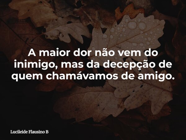 A maior dor não vem do inimigo, mas da decepção de quem chamávamos de amigo.... Frase de Lucileide Flausino B.