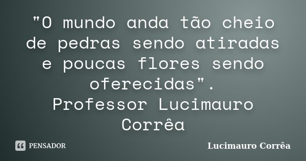 "O mundo anda tão cheio de pedras sendo atiradas e poucas flores sendo oferecidas". Professor Lucimauro Corrêa... Frase de Lucimauro Corrêa.