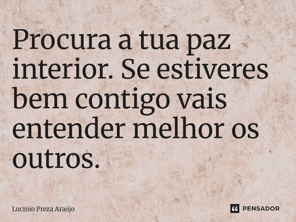 P⁠rocura a tua paz interior. Se estiveres bem contigo vais entender melhor os outros.... Frase de Lucinio Preza Araújo.