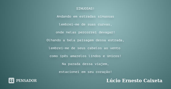 SINUOSAS! Andando em estradas sinuosas lembrei-me de suas curvas, onde nelas percorrei devagar! Olhando a bela paisagem dessa estrada, lembrei-me de seus cabelo... Frase de Lúcio Ernesto Caixeta.