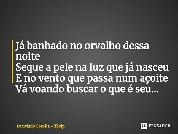⁠Já banhado no orvalho dessa noite
Seque a pele na luz que já nasceu
E no vento que passa num açoite
Vá voando buscar o que é seu...... Frase de Lucivânio Corrêia - Xbojp.