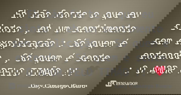 Eh tão forte o que eu sinto , eh um sentimento sem explicação : Só quem é entende , Só quem é sente : O AMOR PELO TIMÃO !! ♥... Frase de Lucy Camargo Bauru.