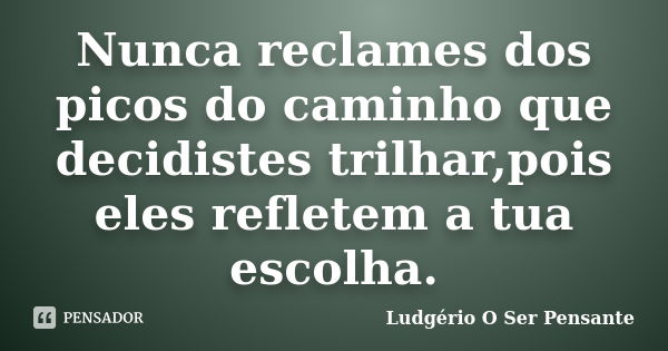 Nunca reclames dos picos do caminho que decidistes trilhar, pois eles refletem a tua escolha.... Frase de Ludgério O Ser Pensante.