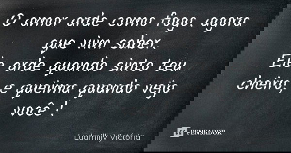O amor arde como fogo. agora que vim saber. Ele arde quando sinto teu cheiro, e queima quando vejo você !... Frase de Ludmilly Victória.