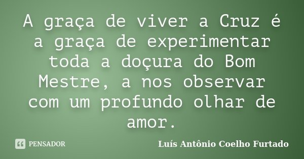 A graça de viver a Cruz é a graça de experimentar toda a doçura do Bom Mestre, a nos observar com um profundo olhar de amor.... Frase de Luís Antônio Coelho Furtado.