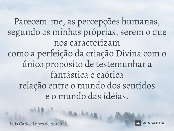 ⁠Parecem-me, as percepções humanas, segundoas minhas próprias, serem o que nos caracterizam como a perfeição da criação Divina com o únicopropósito de testemunh... Frase de Luis Carlos Lopes de Abreu.