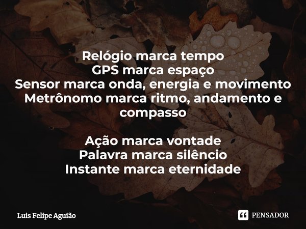 ⁠Relógio marca tempo
GPS marca espaço
Sensor marca onda, energia e movimento
Metrônomo marca ritmo, andamento e compasso Ação marca vontade
Palavra marca silênc... Frase de Luis Felipe Aguião.