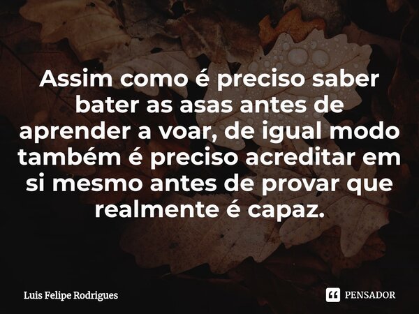 Assim como é preciso saber bater as asas antes de aprender a voar, de igual modo também é preciso acreditar em si mesmo antes de provar que realmente é capaz.... Frase de Luis Felipe Rodrigues.
