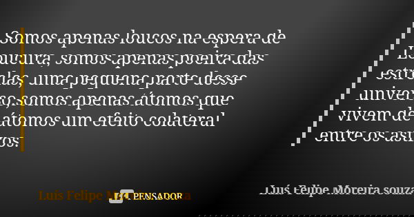 Somos apenas loucos na espera de Loucura, somos apenas poeira das estrelas, uma pequena parte desse universo,somos apenas átomos que vivem de átomos um efeito c... Frase de Luís Felipe Moreira souza.